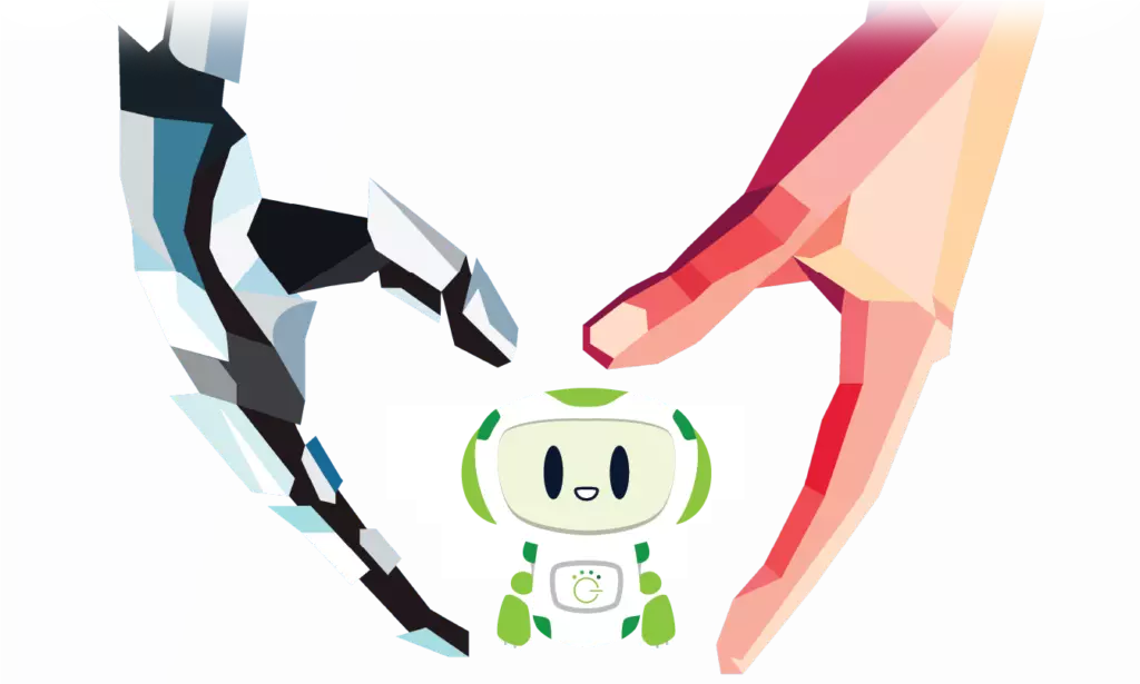 Our mascot, GLobot, being held by robot and human hands.
