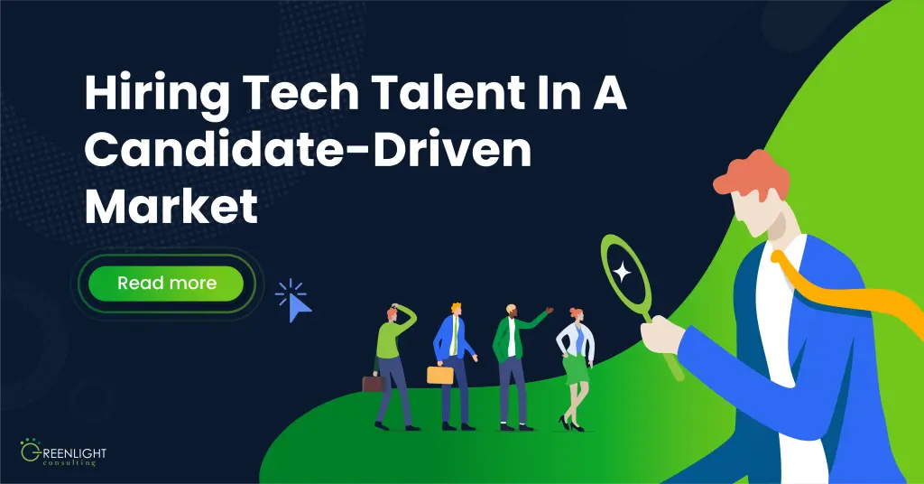 A man looking at a line up of people with a magnifying glass with the text 'Hiring Tech Talent In A Candidate-Driven Market'