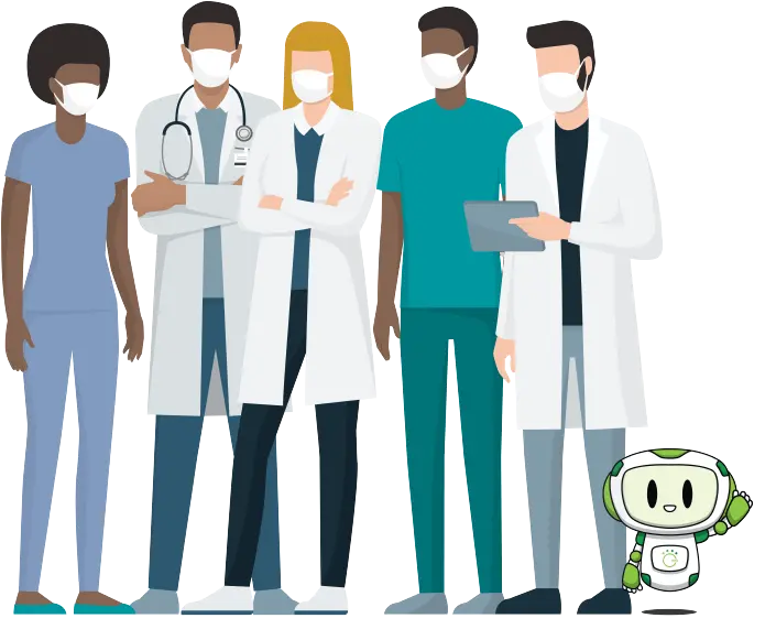 A diverse group of healthcare professionals standing together with a robot