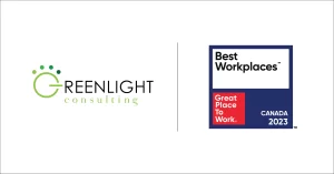Blue and red 2023 Best Workplaces in Canada List logo and Green Greenlight Consulting logo