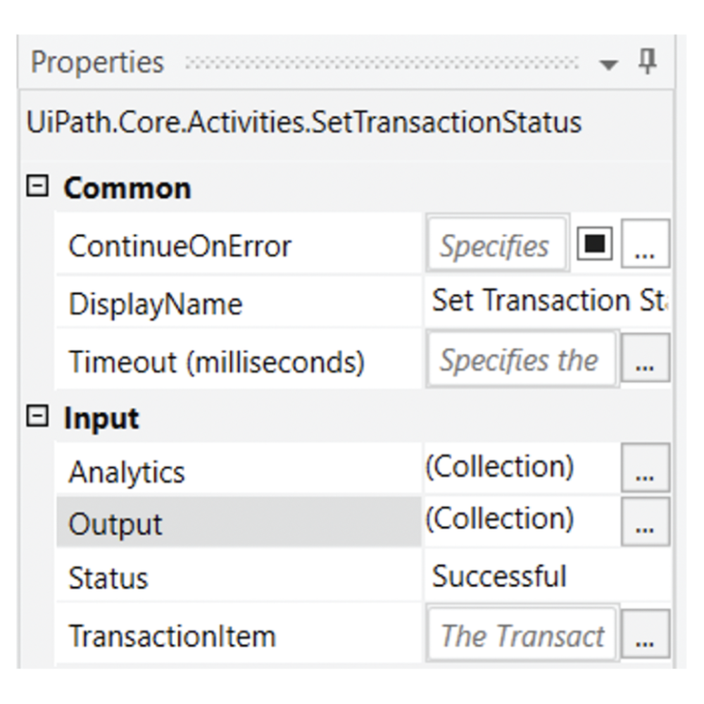 A screenshot of the properties for Set Transaction Status