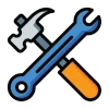 A blue wrench and a grey and yellow-orange hammer